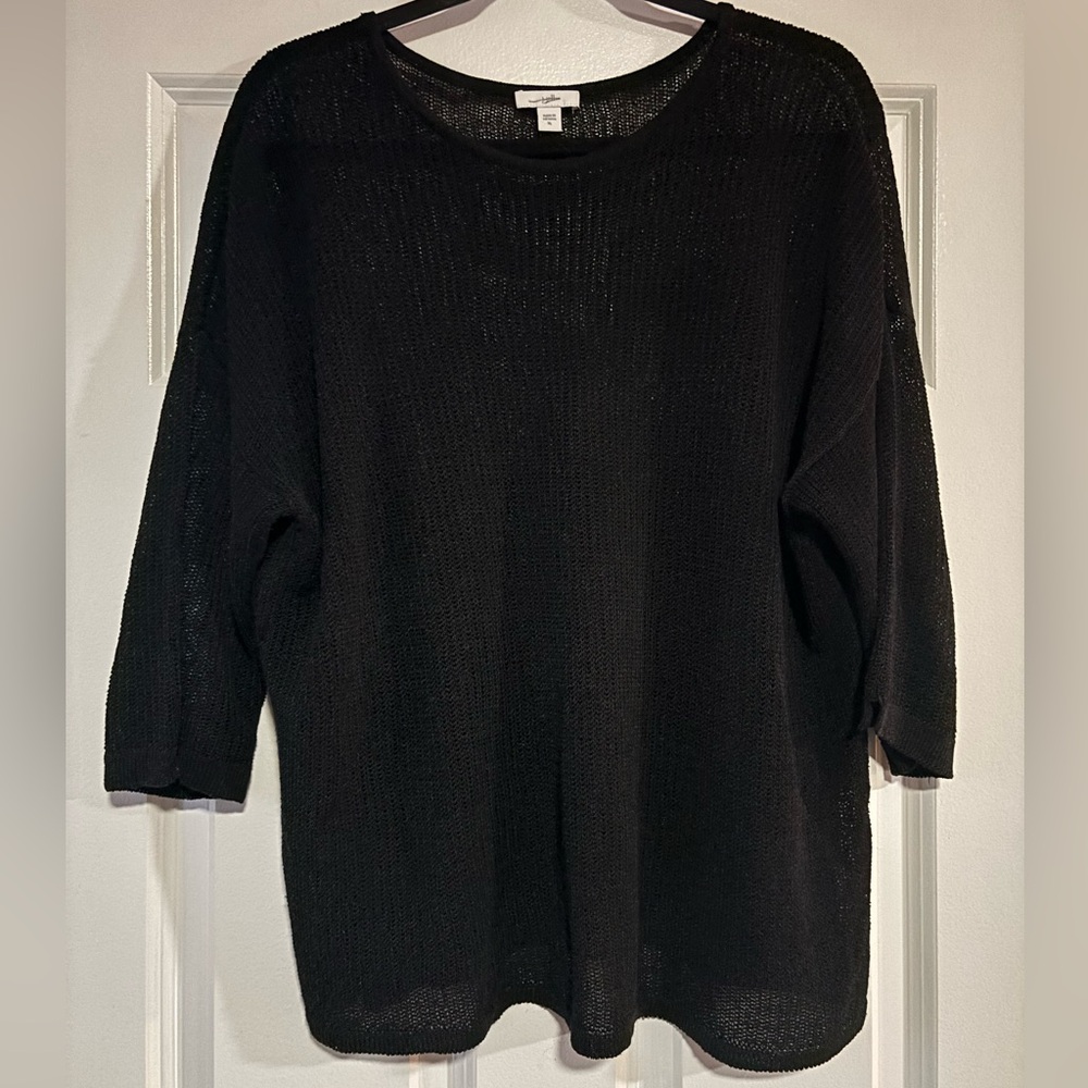 J. Jill Black Knit Open Stitch Crewneck Sweater, size XL